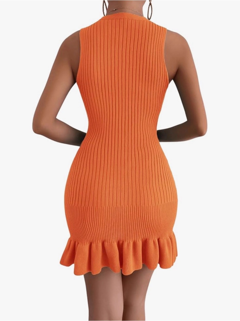 Sleeveless Ribbed Mini Dress with Ruffle Hem - Orange - Picture 5 of 5